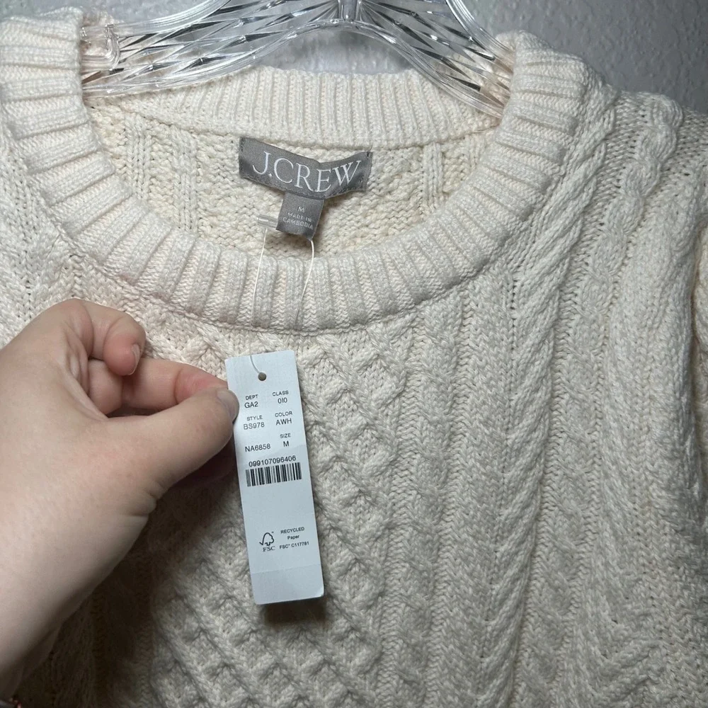 NWT J. Crew Cable-knit puff-sleeve crewneck sweater women's medium preppy